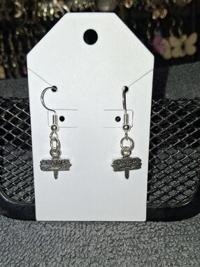 Silver 'Camp' Sign Dangle Earrings